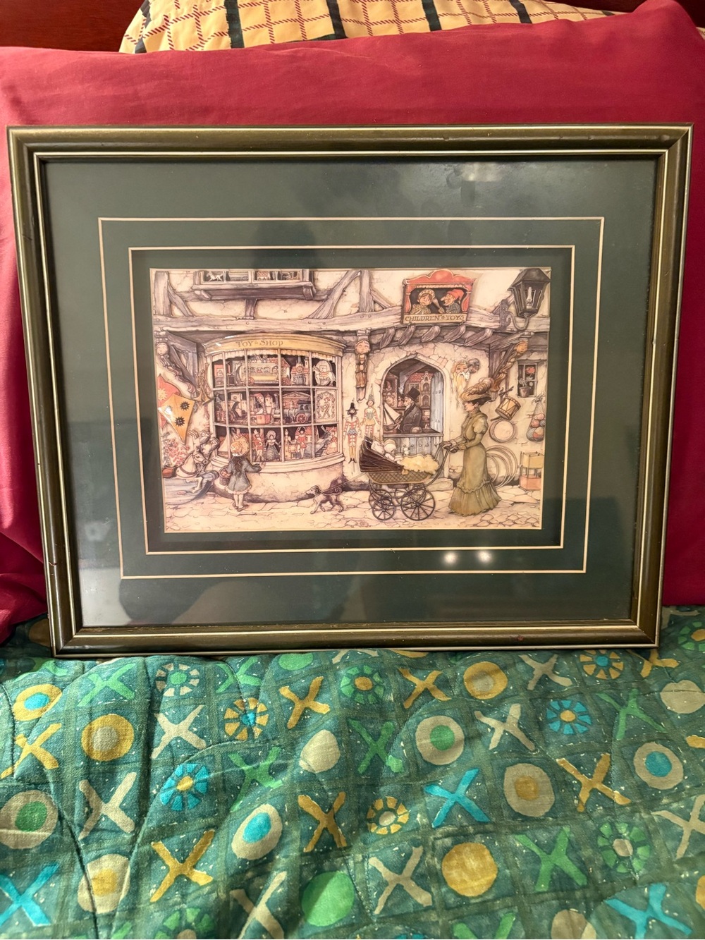 Anton Vintage Green-Framed Street Scene Art Print with Gold Trim
